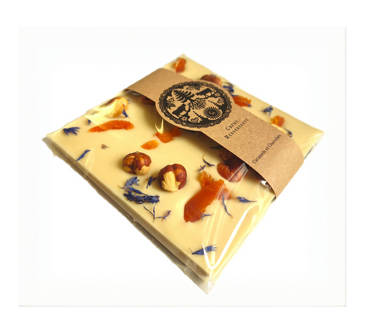 Vegan White Chocolate Bar with Apricot, Hazelnut & Bluebottle Flower