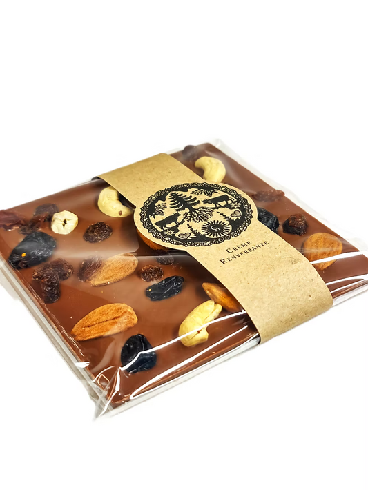 Barre de chocolat brun végétalien aux amandes, noix de cajou et raisins secs